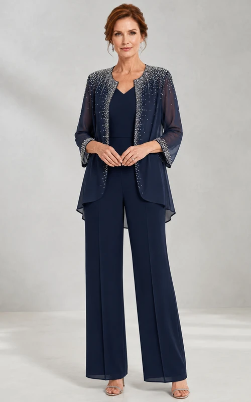 Ink Navy Mother Pantsuit with Sheer Chiffon Jacket, Sequin Top and Wide Leg Pants