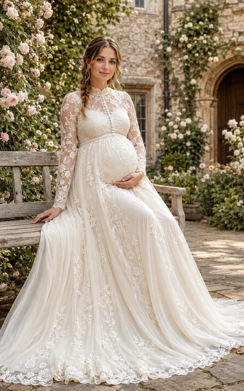 Vestido de novia de maternidad con cuello alto, manga larga y encaje estilo castillo