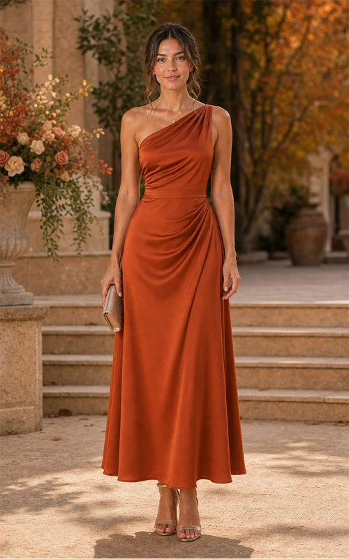 Robe fourreau orange asymétrique en satin, longue jusqu'au sol