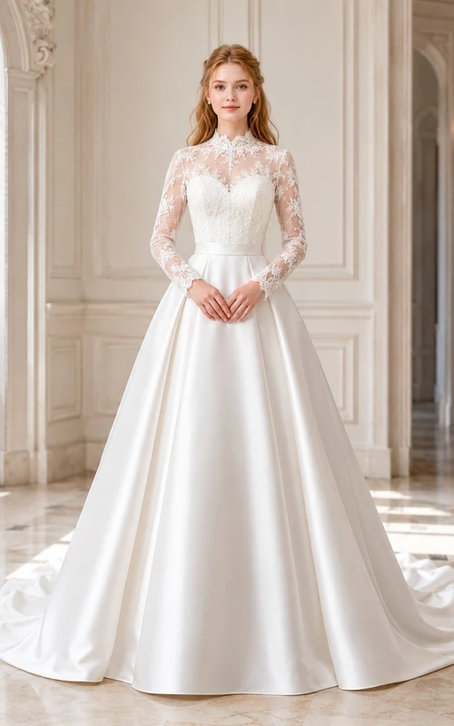 Lace Illusion Neck Long Sleeve A-line Sweep Train Formal Dress