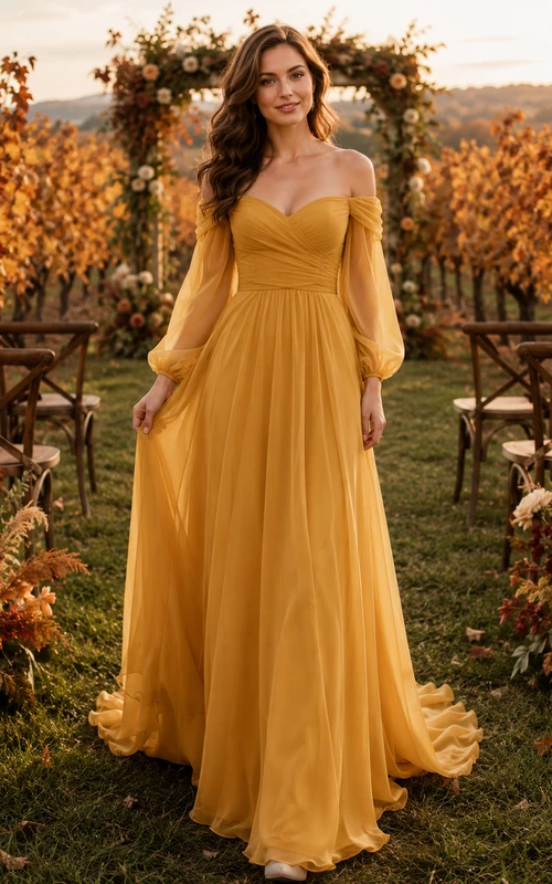 Mustard Off Shoulder Chiffon Autumn Vineyard Bridal Gown