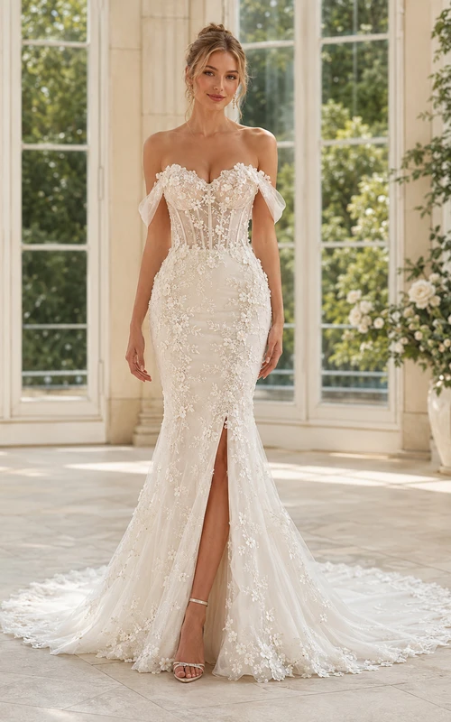 Robe de mariée sirène en dentelle transparente, décolleté cœur, manches courtes, traîne chapelle, fente sur le devant