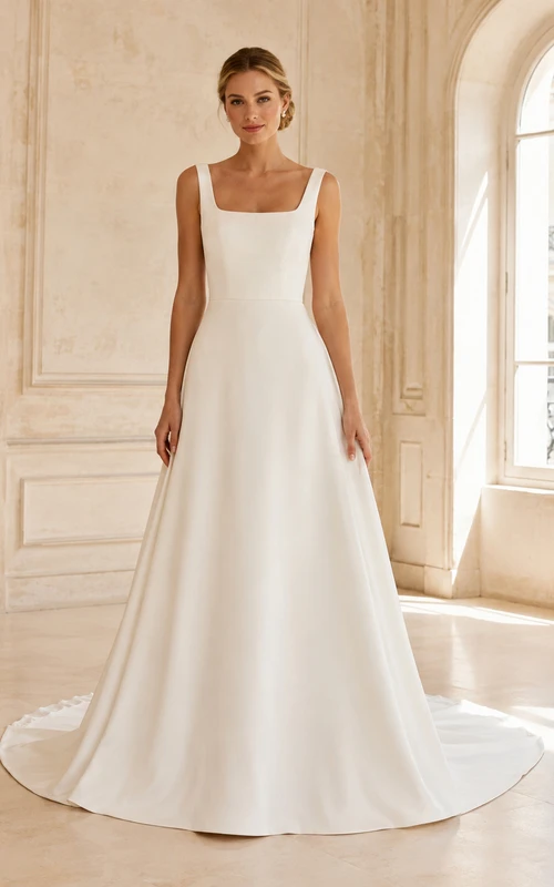 Robe de mariée minimaliste en satin raffiné, col carré, sans manches, coupe trapèze, traîne, idéale pour une cour intérieure.