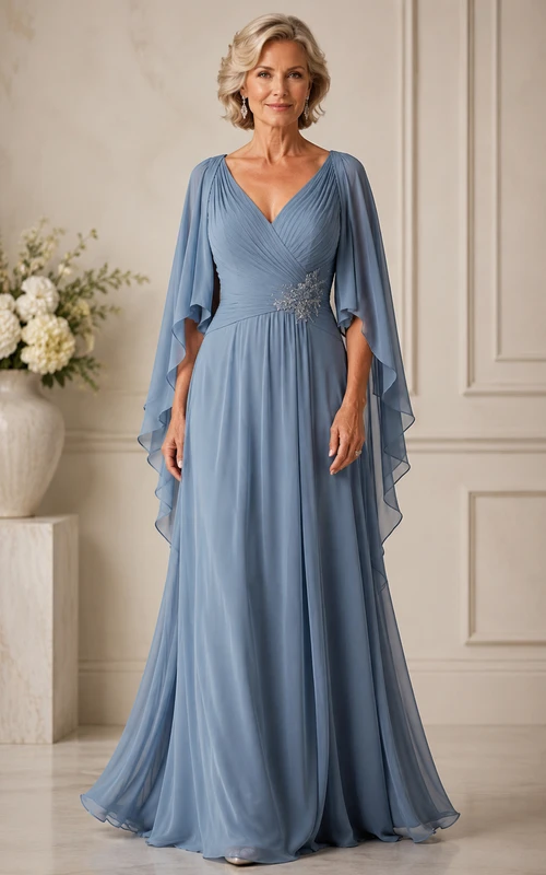 Vestido de madre de gasa azul acero con escote en V y mangas tipo capa.