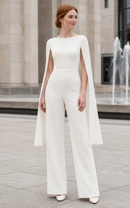 Courthouse Bridal Bateau Neck Cape Jumpsuit Wedding Dress