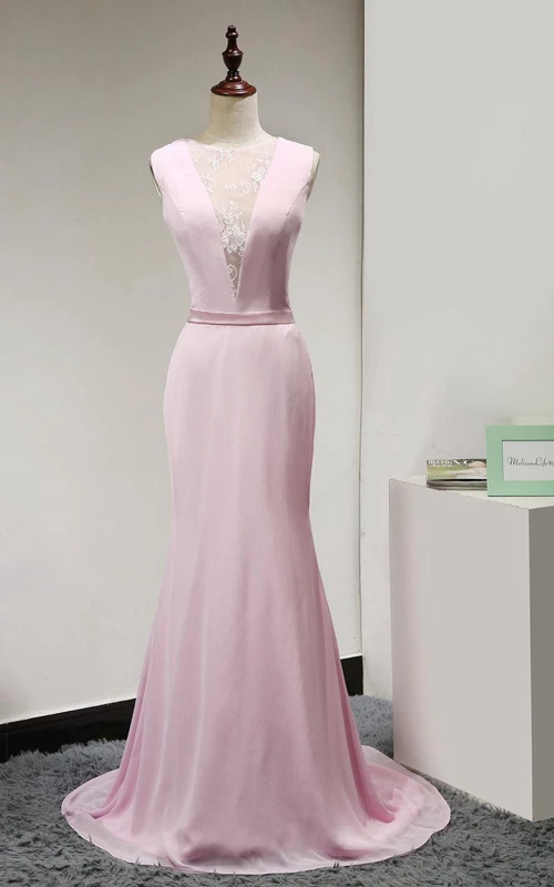 Robe longue sirène en mousseline de soie à encolure bijou illusion et dos en dentelle illusion