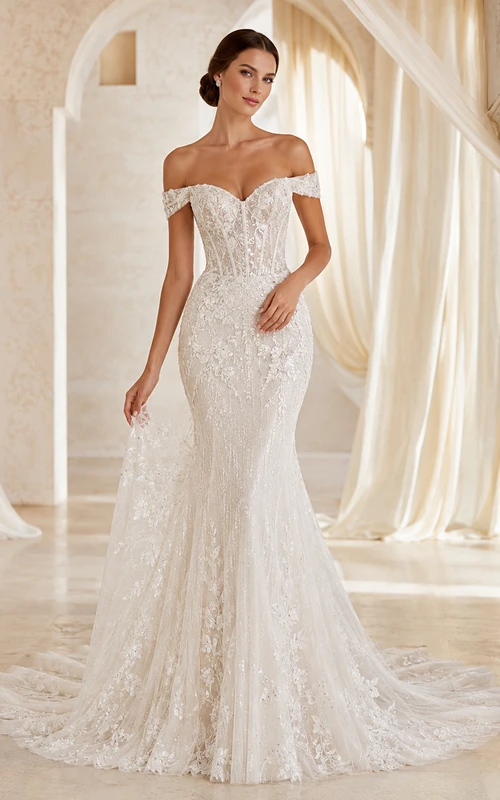 Robe de mariée sirène romantique en dentelle festonnée à épaules dénudées et effet illusion avec fermeture éclair et traîne chapelle