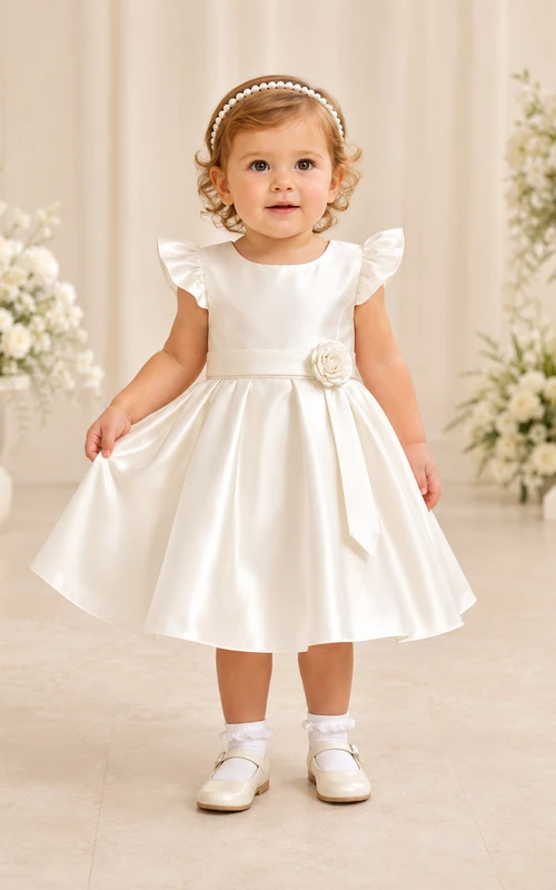 Short Sleeve Baptism Dress A-Line Satin Jewel Neck Waist Flower Bow Back