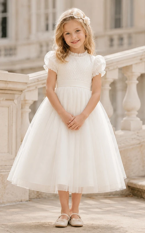 Bow Back Tulle A-Line Flower Girl Dress with Jewel Neck and Tea-Length Skirt