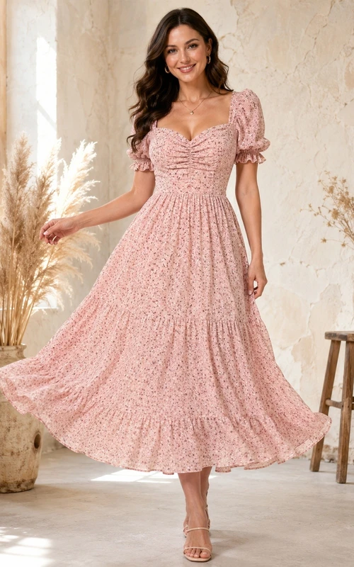 Boho-Gästekleid in Teelänge mit Blumenmuster und Puffärmeln in Perlmuttrosa