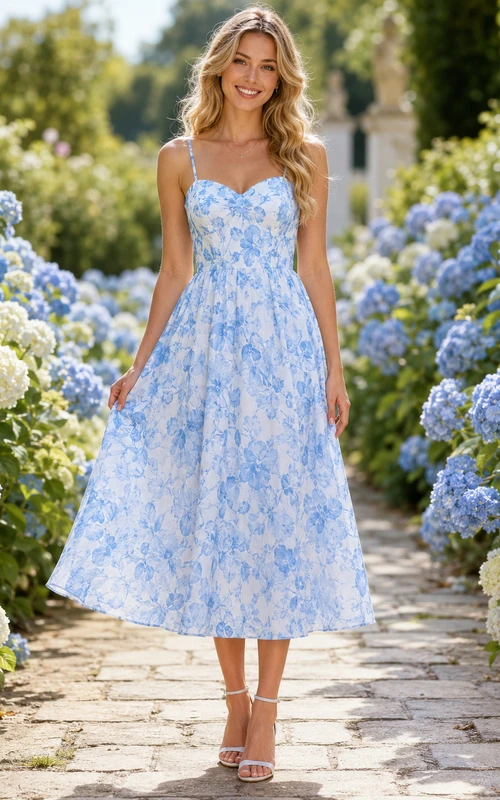 Blue Floral Sweetheart Spaghetti Strap Summer Midi Dress