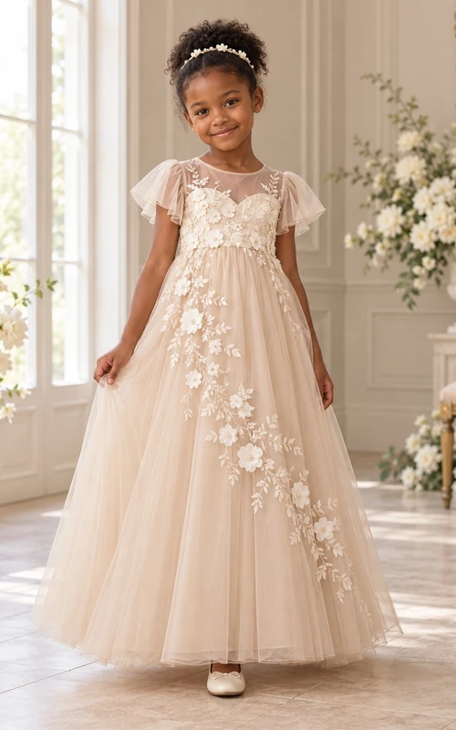 Champagne Floral A-line Tulle Flutter-sleeve Floor-length Appliqued Illusion-Neck Flower Girl Dress