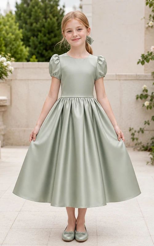 Robe de demoiselle d'honneur Sage Clean Line en satin, coupe trapèze, dos orné d'un nœud, manches bouffantes, col rond et jupe mi-longue.