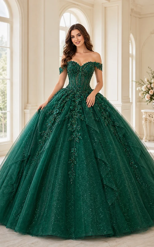 Vestido de quinceañera largo hasta el suelo, color verde oscuro, con escote corazón, hombros descubiertos, apliques de encaje floral y tul con cintura natural.