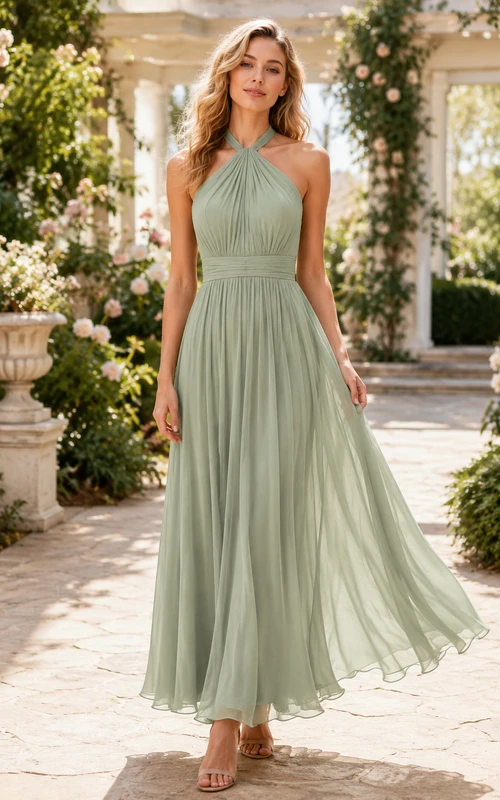 Salbeigrünes, plissiertes Chiffonkleid in Teelänge und A-Linien-Schnitt mit Neckholder