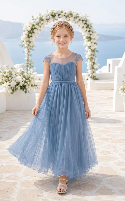 Flower Girl Dress Ivory Lace Tulle A-Line Scoop Neck Tea Length