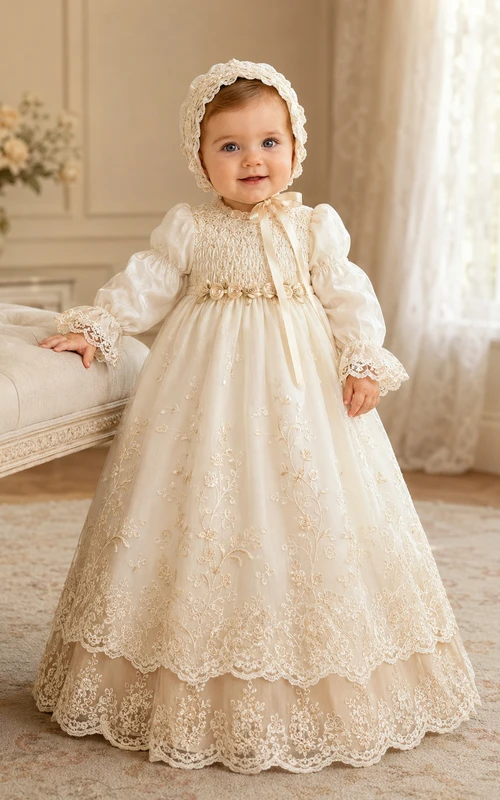 Vestido de bautizo/ceremonia de presentación de bebé, estilo vintage, color champán. Corte en A, largo hasta los tobillos, cuello alto, manga larga, tul, encaje, fajín con botones en la espalda.