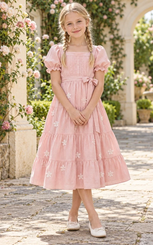 Blushing Pink Square Neck Puff Sleeve Tiered Flower Girl Dress