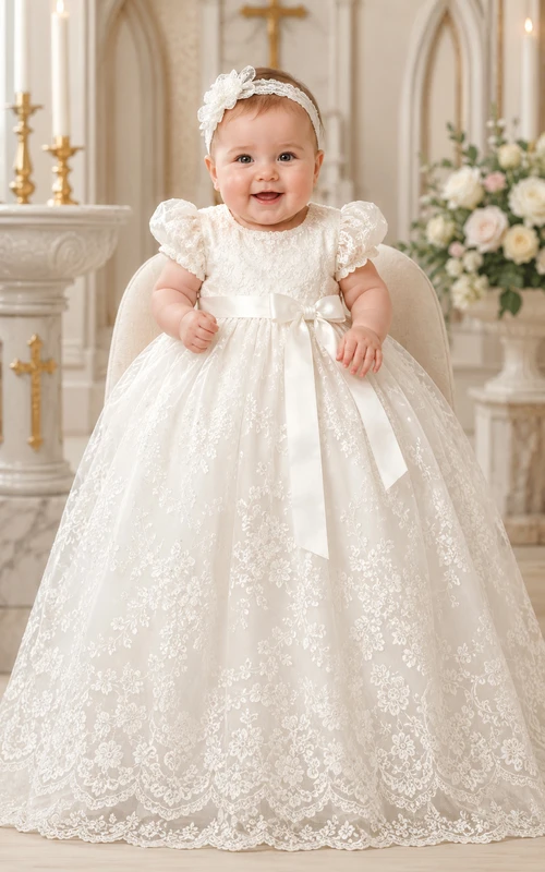 Baby Christening Gown Modest Princess Ball Gown Puff Sleeve Tulle Lace Floor-Length with Bow Sash in Ivory