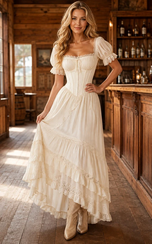 Vestido de estilo western vintage color marfil con escote cuadrado, mangas abullonadas y encaje escalonado de corte asimétrico.