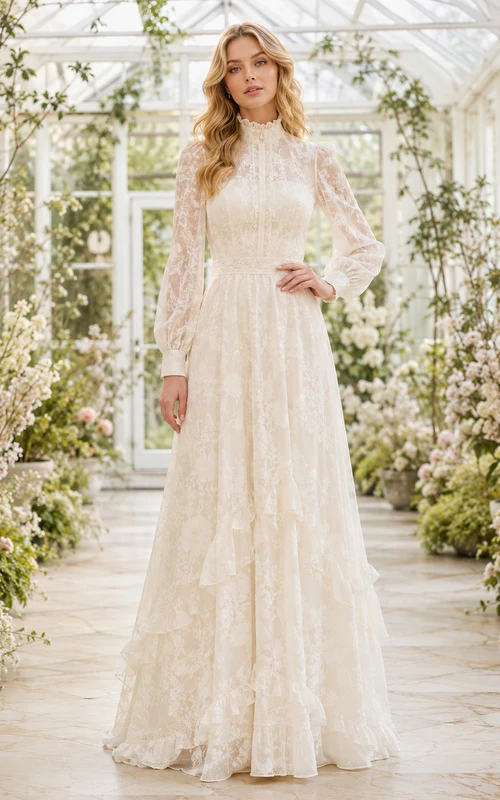 Robe de mariée trapèze en mousseline de soie et dentelle, col montant, manches longues, style poète