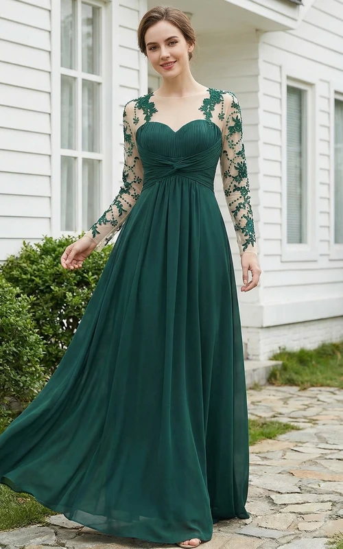 Robe longue en mousseline vert foncé à manches longues et applications