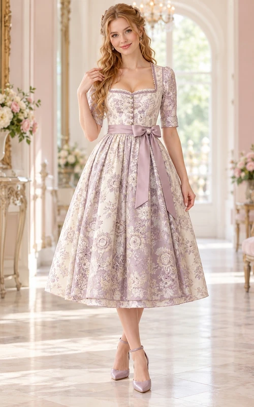 Vintage Lavender Sweetheart Elbow Sleeve Floral Jacquard Dirndl Dress
