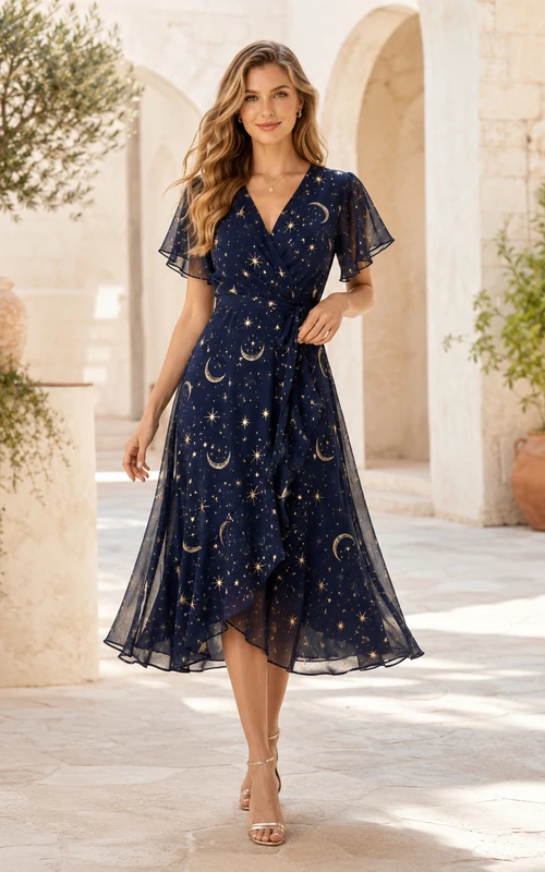 Navy Moon Star Print Tulle Guest Midi Dress
