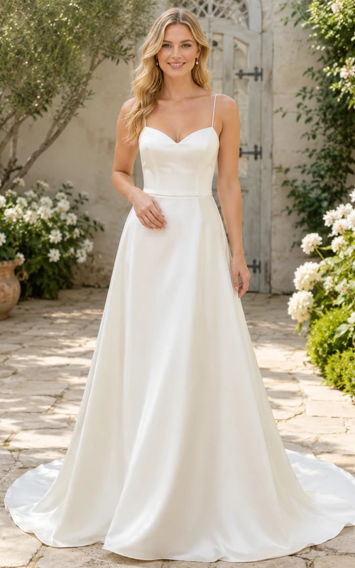 Minimalist Satin Wedding Dress A-Line Spaghetti Strap Sweep Train Bridal Gown