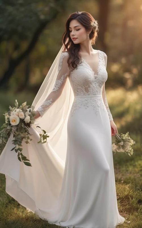 Vestido de novia de encaje con escote en V, corte imperio y mangas largas, estilo campestre.