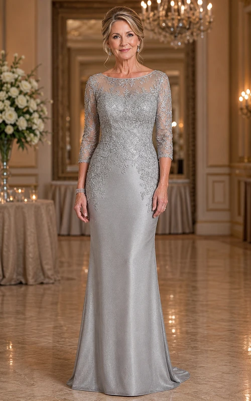 Vestido de novia de encaje plateado con mangas tres cuartos y corte recto para la madre de la novia