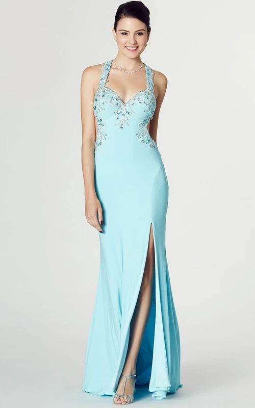 Vestido de fiesta de gasa sin mangas con escote halter y abalorios