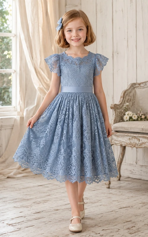 Steel Blue Scoop Neck Flutter Sleeve Vintage Lace A-Line Flowergirl Dress