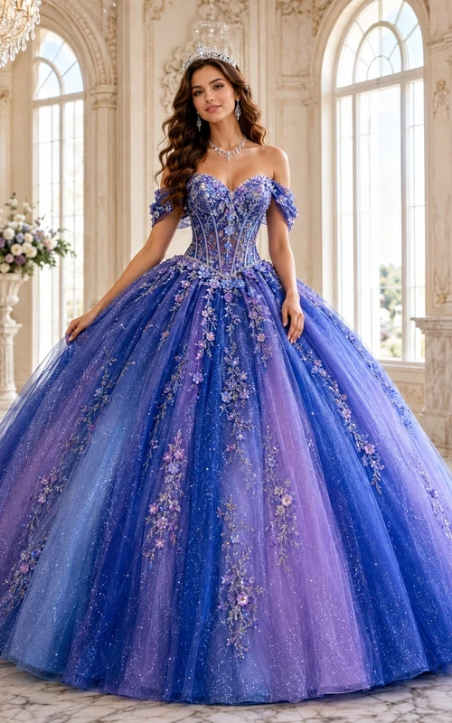 Purple Blue Tulle Floral Off Shoulder Ball Gown Quinceanera Floor Length Dress
