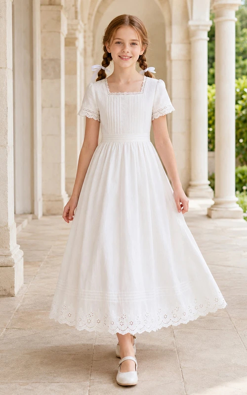 Robe de communion en coton plissée à col rond et manches papillon, longueur cheville