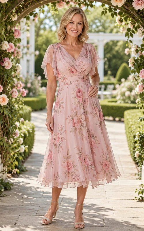 Romantisches, rosafarbenes Chiffonkleid mit Blumenmuster, V-Ausschnitt, kurzen, flatternden Ärmeln und A-Linien-Schnitt in Teelänge – perfekt für die Mutter der Braut im Sommergarten.