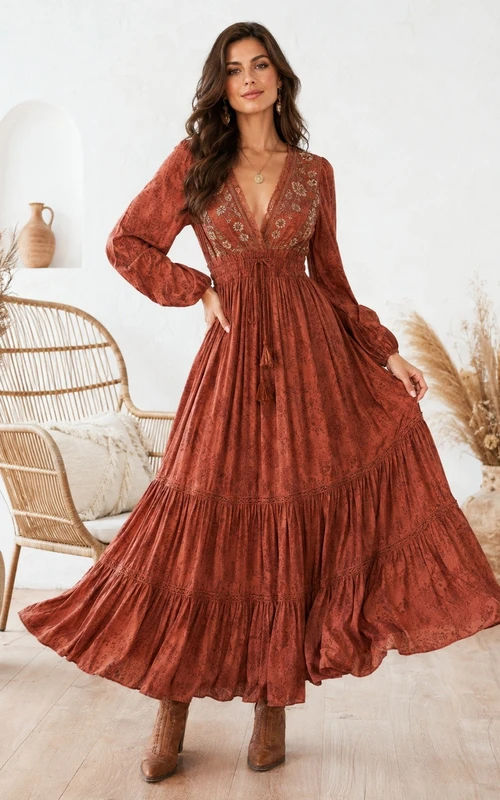 Boho Vintage Rust V-Neck Long-Sleeve Chiffon Pleated A-Line Floor-Length Dress