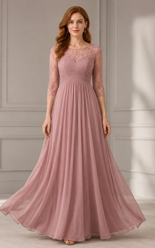 Robe de soirée rose poudré en mousseline de dentelle, coupe trapèze, col rond, manches longues, longueur au sol