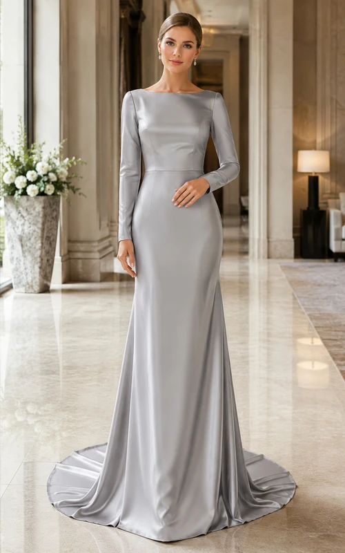 Steel Grey Bateau Long Sleeve Satin Mermaid Deep Back Wedding Gown