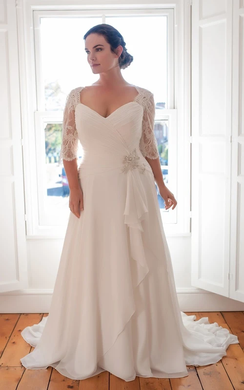 Vestido de gasa de corte A, largo hasta el suelo, escote en V, manga corta, cola larga y encaje para la madre de la novia