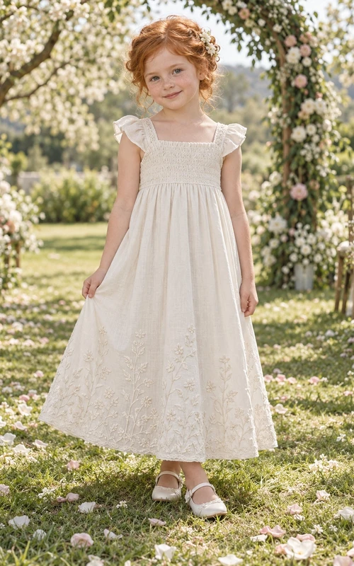 Square Neck Country Ivory A-line Lace Ankle-length Ruffle-sleeve Smocked Flower Girl Dress