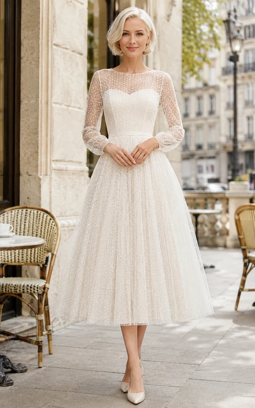 Robe de mariée civile modeste, longueur thé, en tulle et dentelle à pois, style bateau parisien, manches longues, coupe trapèze, style bateau parisien