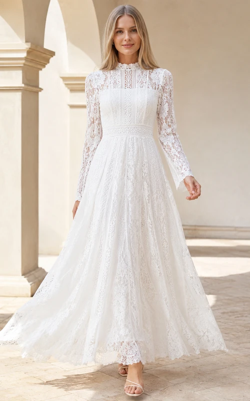Robe de mariée longue à manches longues et col montant en dentelle, fermeture éclair illusion