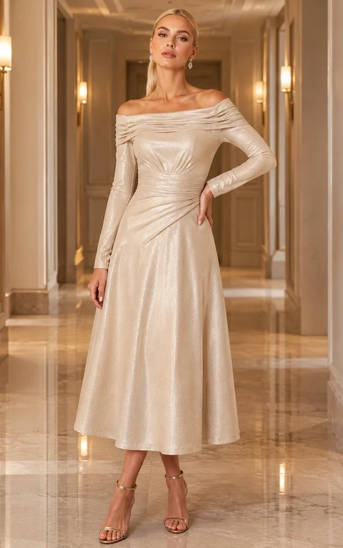 Champagne Off-the-shoulder Long Sleeve Satin Midi Evening Dress