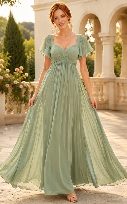Salbeigrünes Chiffon-Empire-Kleid mit V-Ausschnitt, flatternden Ärmeln