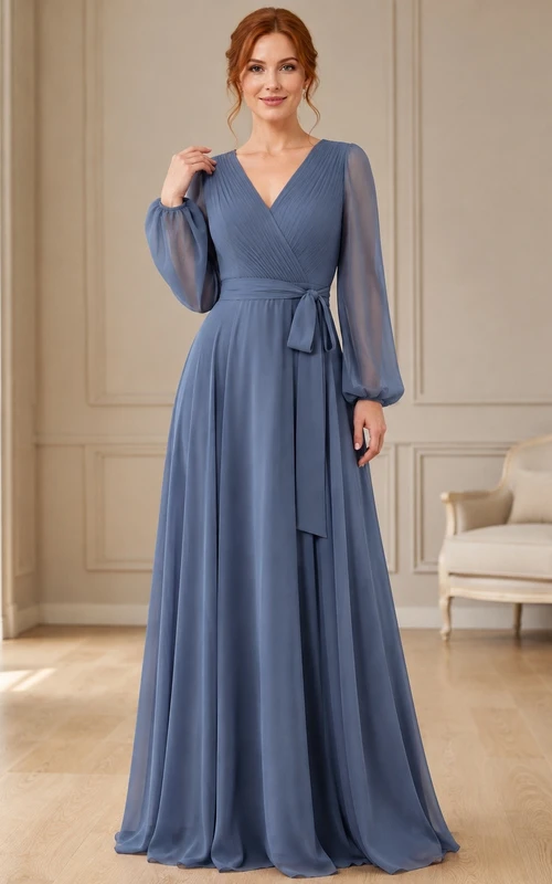 Slate Blue V-neck Long Sleeve A-Line Floor-length Elegant Maxi Dress