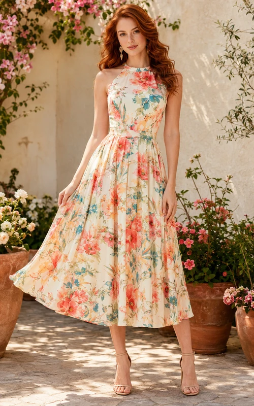 Vestido de jardín de corte A con escote halter y estampado floral coral, largo hasta la rodilla.