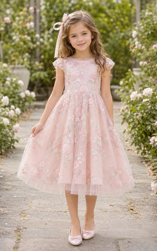 Robe de demoiselle d'honneur en dentelle rose poudré et tulle, coupe trapèze, col rond, longueur thé