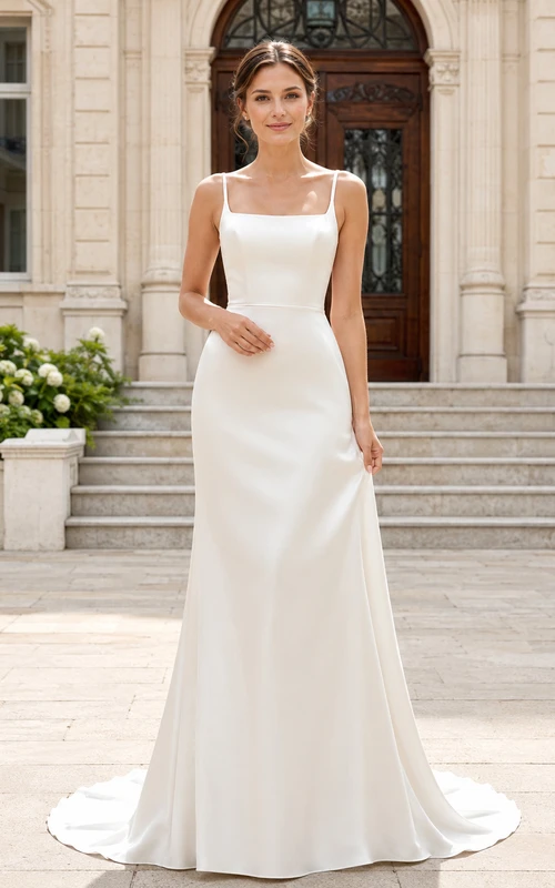 Square Neck Spaghetti Strap Satin Minimalist Civil Bridal Gown