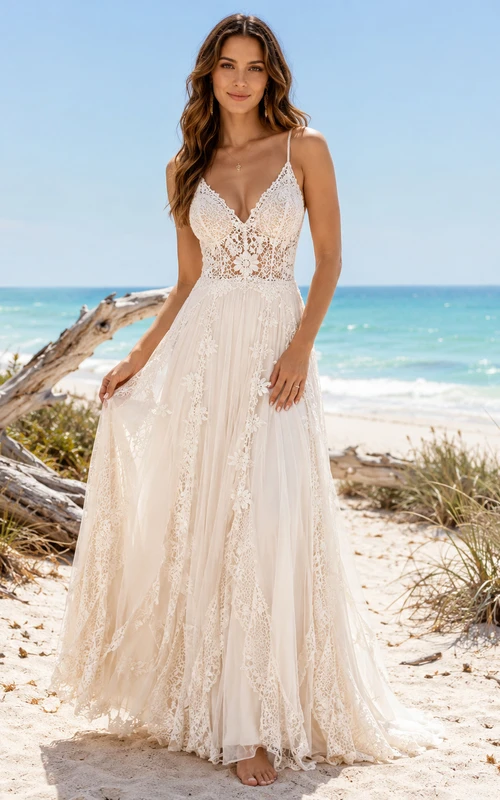Bohemian V Neck Lace Wedding A Line Sleeveless Chapel Train Beach